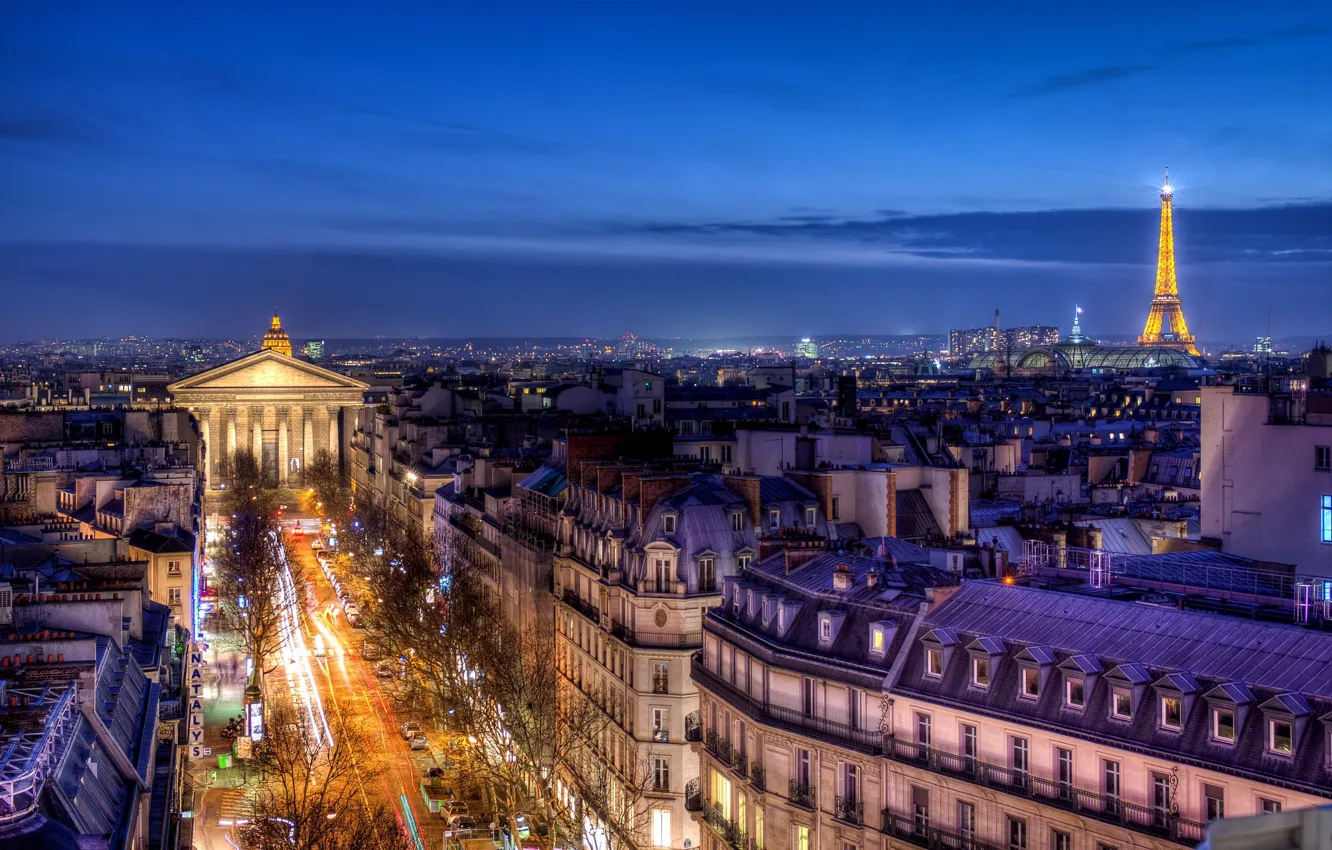 Photo wallpaper road, the city, France, Paris, view, building, home, the evening