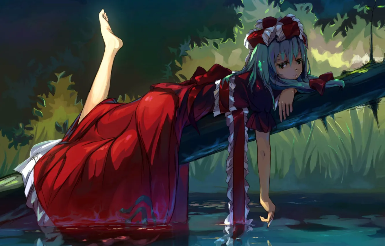 Photo wallpaper Girl, dress, anime, water, barefoot, lake, mood, ribbon