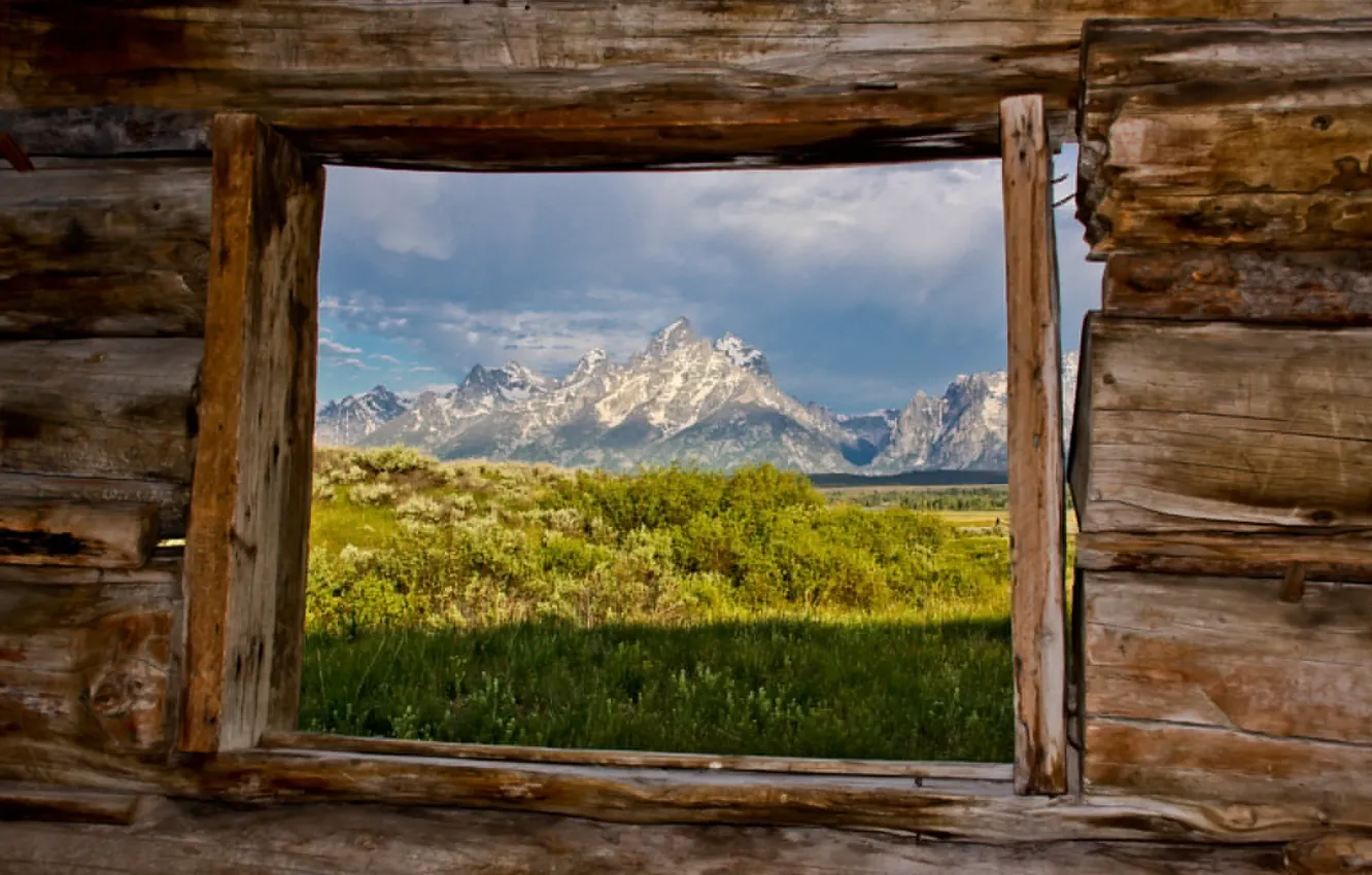 Photo wallpaper mountains, window, hut, Grand Teton national Park, National Park, Grand Teton, Cunningham Cabin