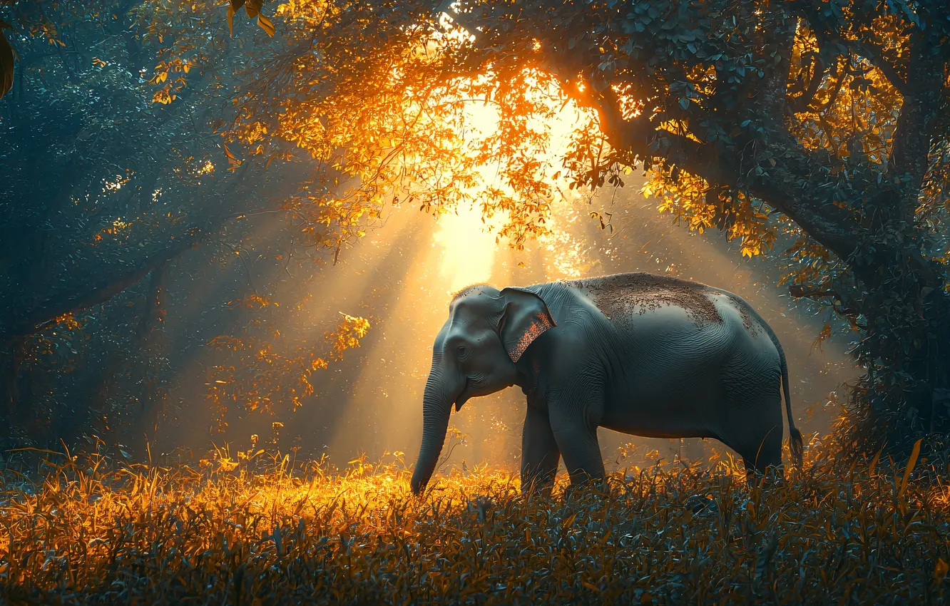 Photo wallpaper forest, the sun, rays, trees, elephant, AI art, neural network