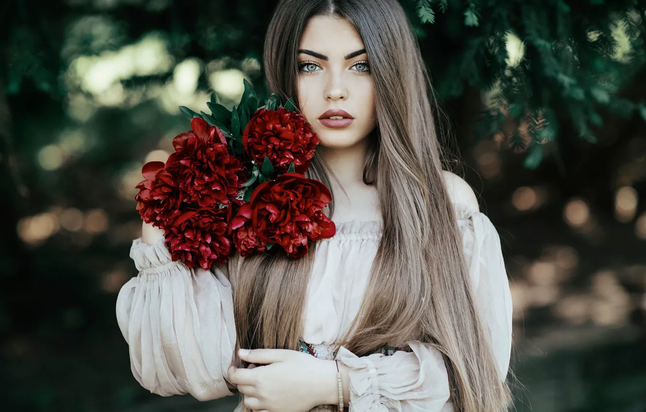 Photo wallpaper look, girl, flowers, model, dress, peonies, Jovana Rikala, Andjela Vlaisavljevic