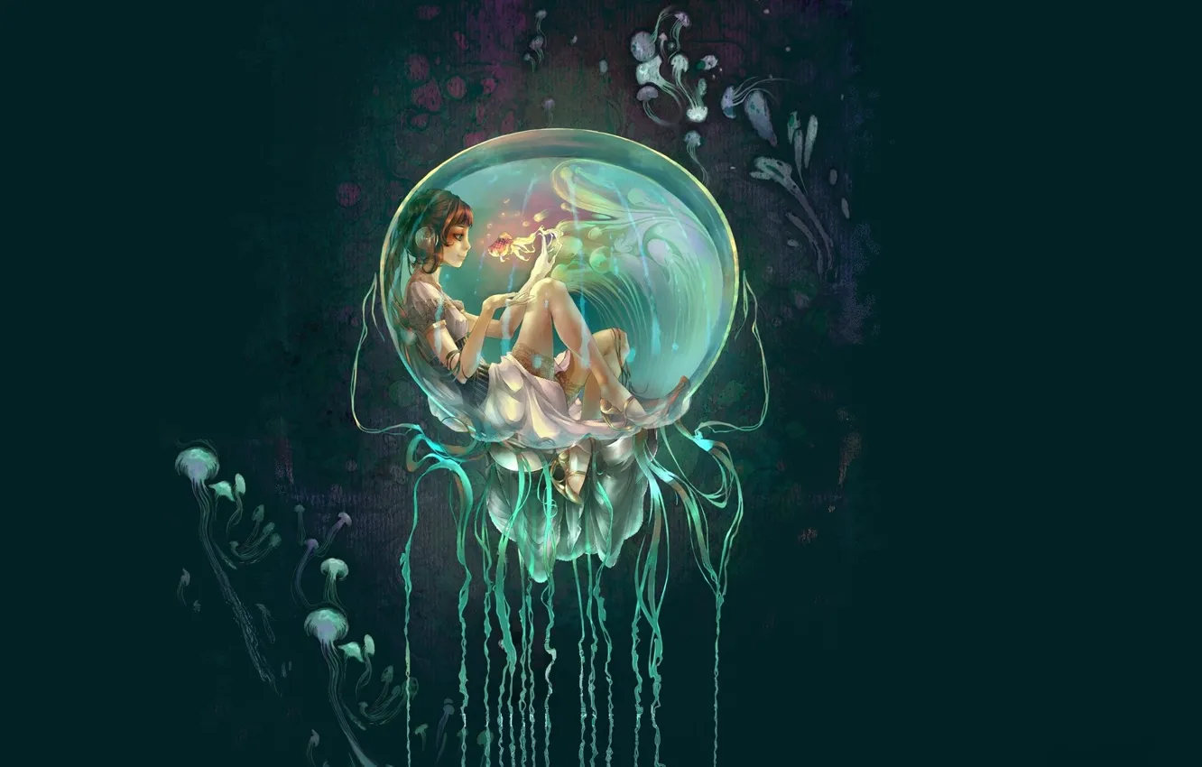 Photo wallpaper mermaid, depth, jellyfish, goldfish, bubble, mermaid, magic water