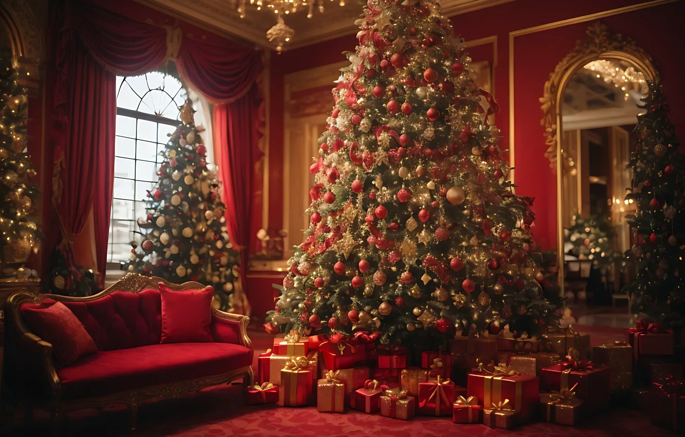 Photo wallpaper decoration, room, gift, balls, tree, new year, interior, Christmas