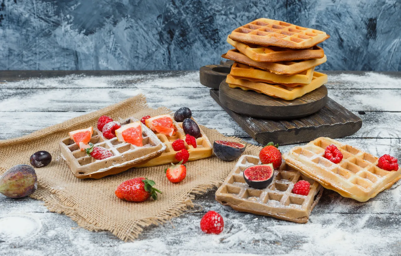 Photo wallpaper berries, strawberry, fruit, waffles