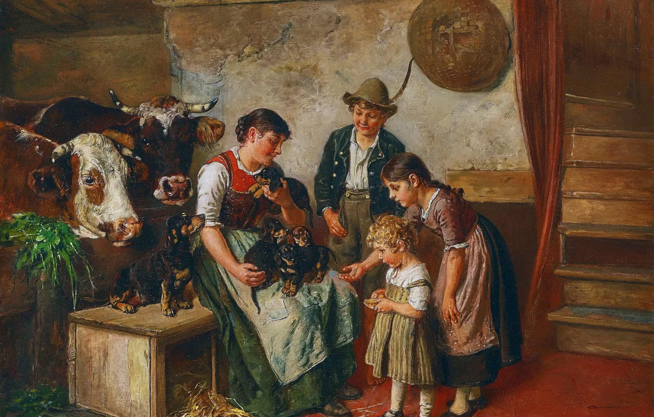 Photo wallpaper Puppies, Children, Picture, Dogs, Woman, Cows, Adolf Eberle, Adolf Eberle