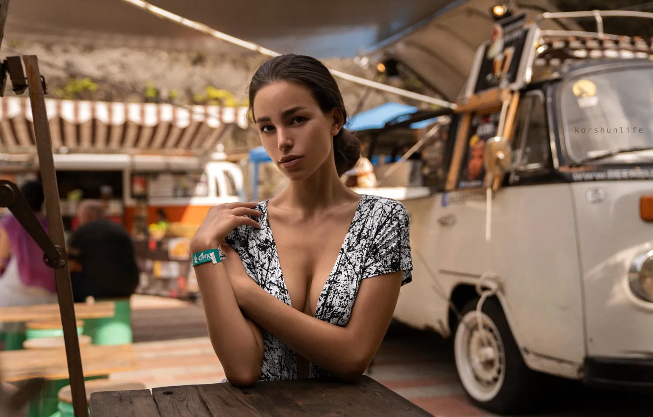 Photo wallpaper look, sexy, pose, model, portrait, makeup, dress, hairstyle