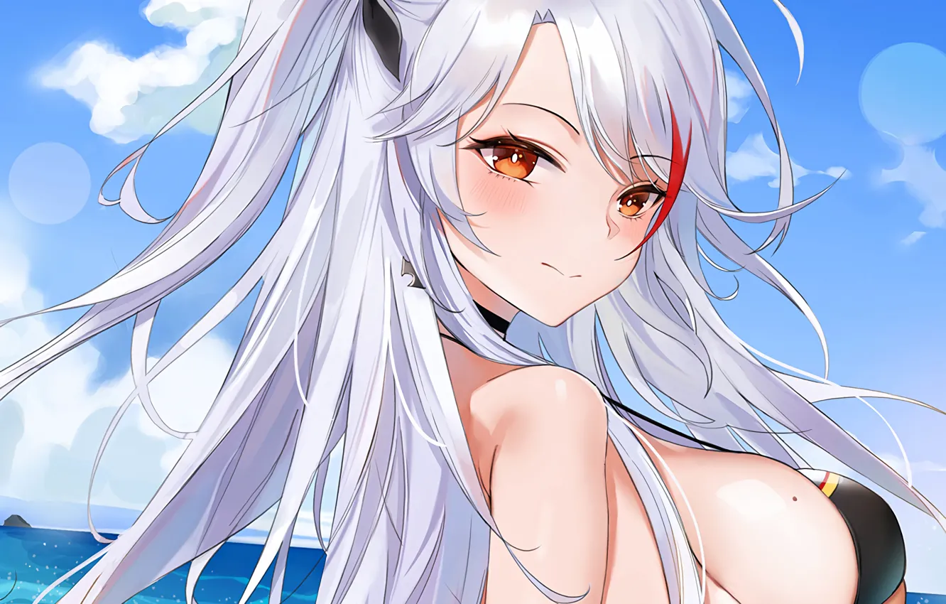 Photo wallpaper girl, sexy, cleavage, long hair, sea, boobs, anime, beautiful