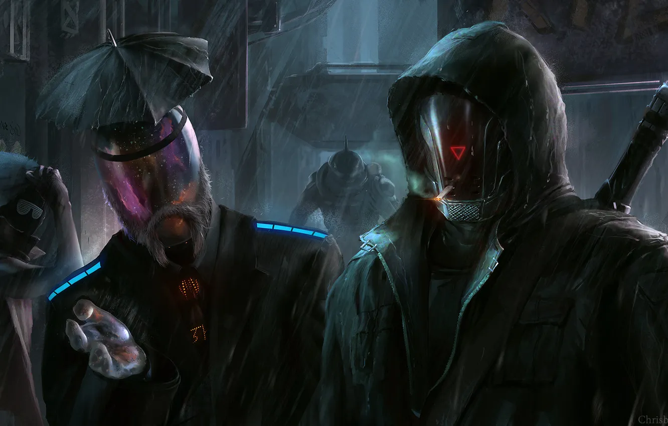 Photo wallpaper the city, rain, people, umbrella, art, cigarette, helmet, smokes