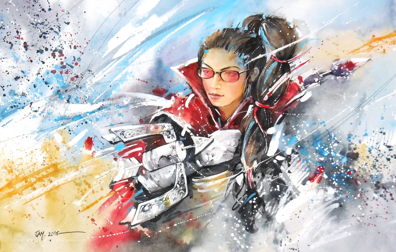Photo wallpaper girl, weapons, paint, art, glasses, League of Legends, Vayne, The Night Hunter