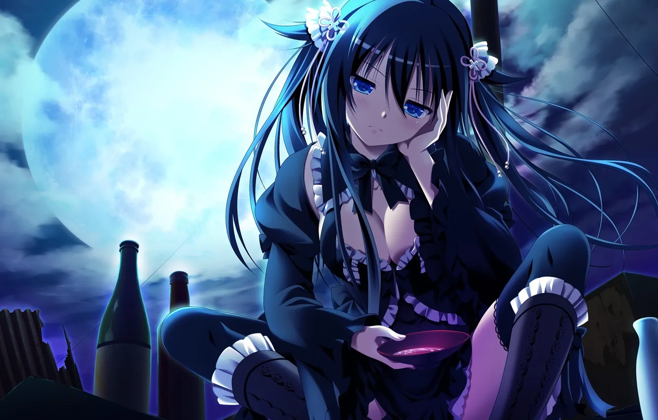 Photo wallpaper look, girl, night, pose, weapons, indifference, drink, art