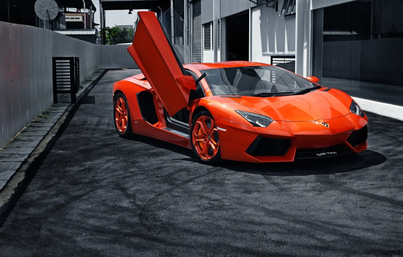 Photo wallpaper orange, the building, lane, lamborghini, drives, orange, orange, aventador