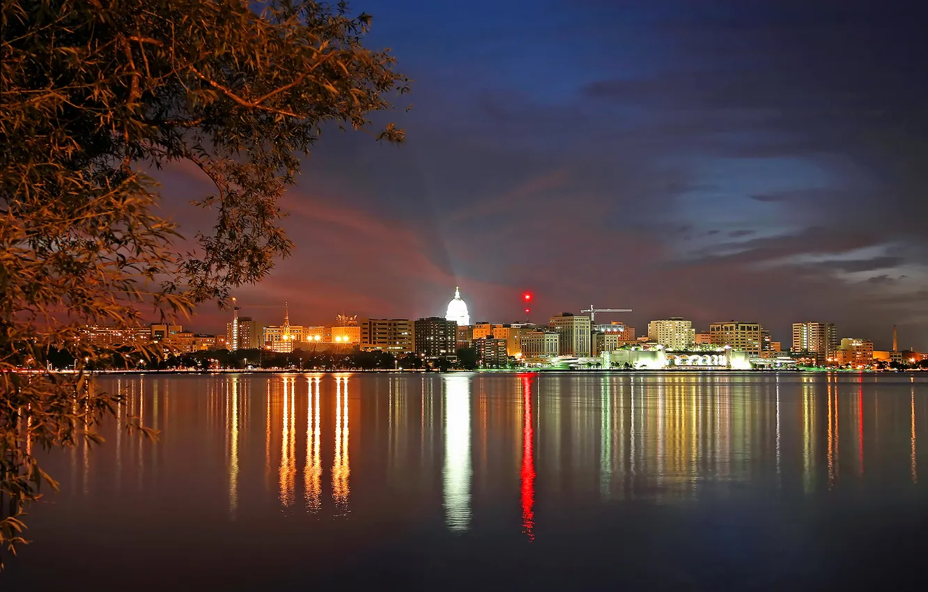 Photo wallpaper trees, night, lights, lake, home, crane, Wisconsin, the dome