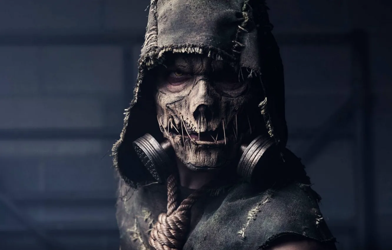 Photo wallpaper look, mask, rope, hood, gas mask, Batman, Scarecrow, filter