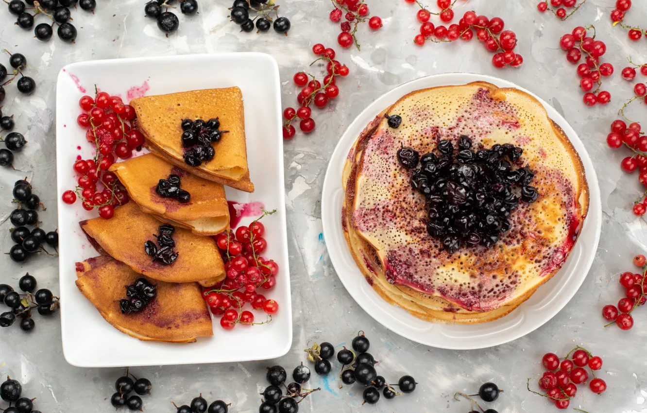 Photo wallpaper red, berries, black, plate, placer, grey background, pancakes, a lot