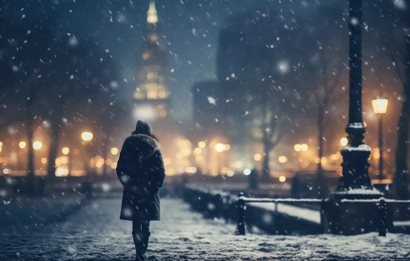 Photo wallpaper winter, road, girl, light, snow, night, the city, lights