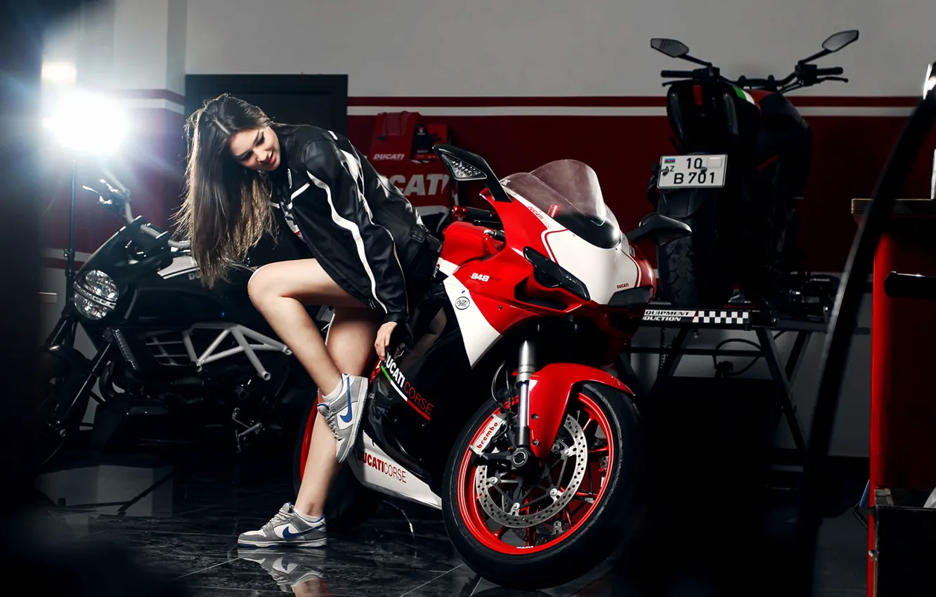 Photo wallpaper Girl, Red, Ducati, Legs, Front, Nike, Shoes, Motocycle