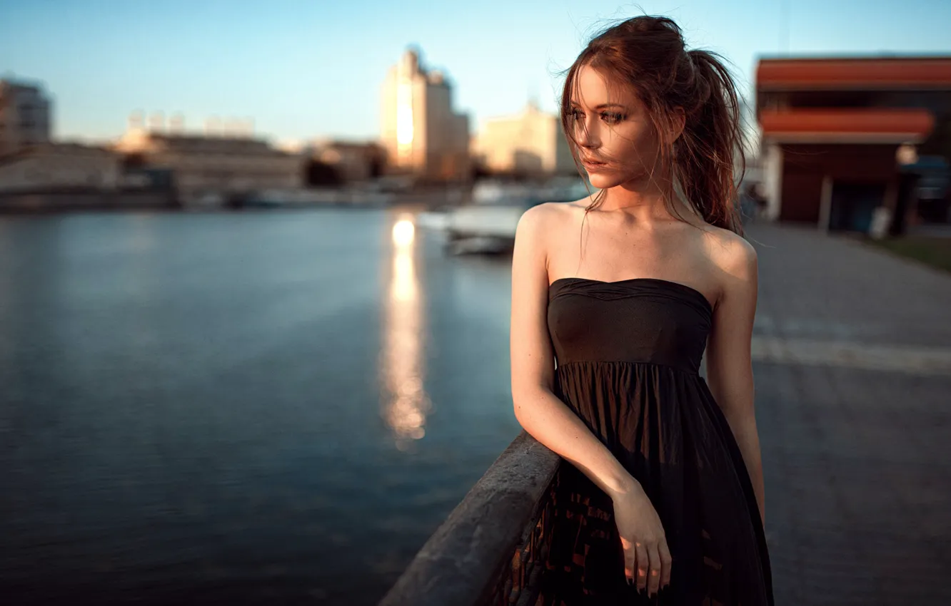 Photo wallpaper River, Model, Promenade, Black, Hair, Dress, Moscow