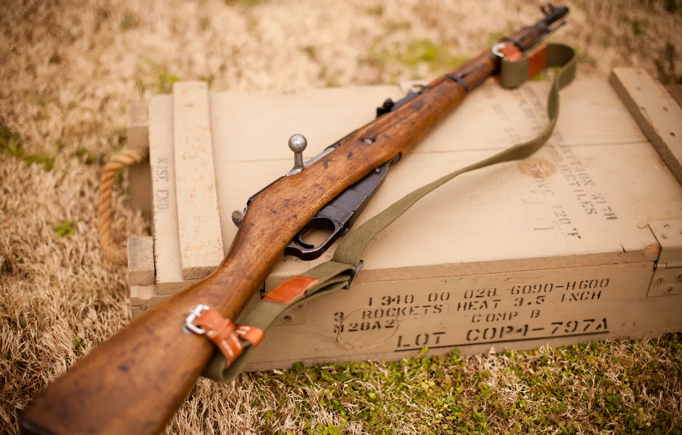 Photo wallpaper grass, box, rifle, M38, Mosin, store