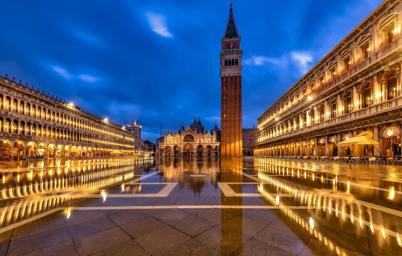 Photo wallpaper building, tower, area, Italy, Venice, Cathedral, night city, Italy