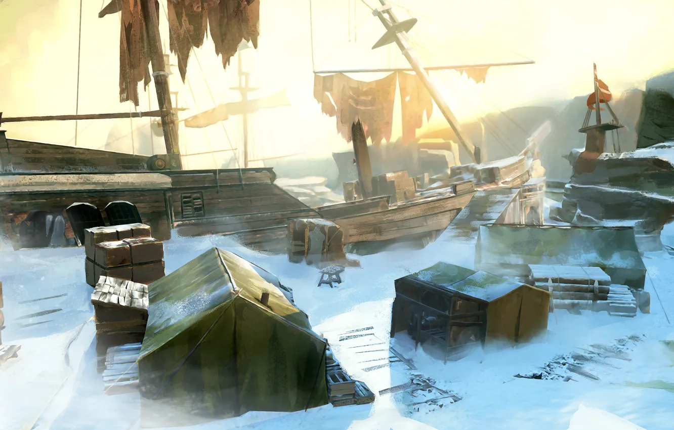 Photo wallpaper snow, The wrecked ship, tents