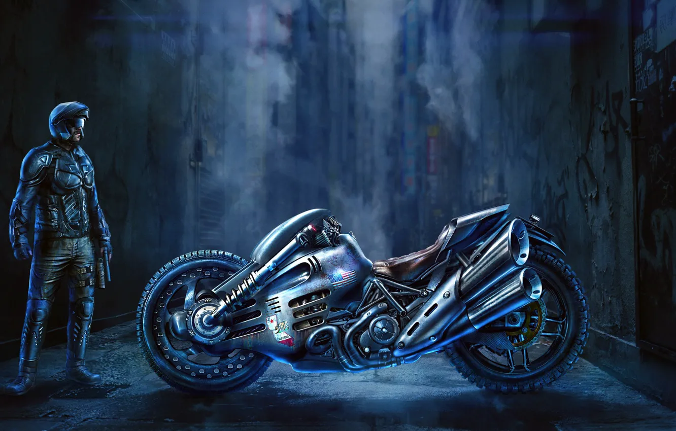 Photo wallpaper man, motorcycle, lane, Sci-Fi Bike