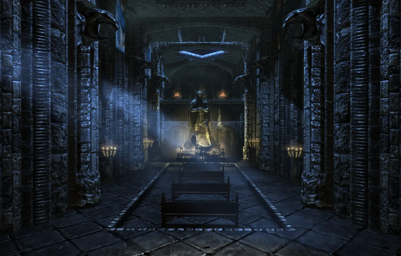 Photo wallpaper candles, temple, statue, benches, skyrim, temple of talos