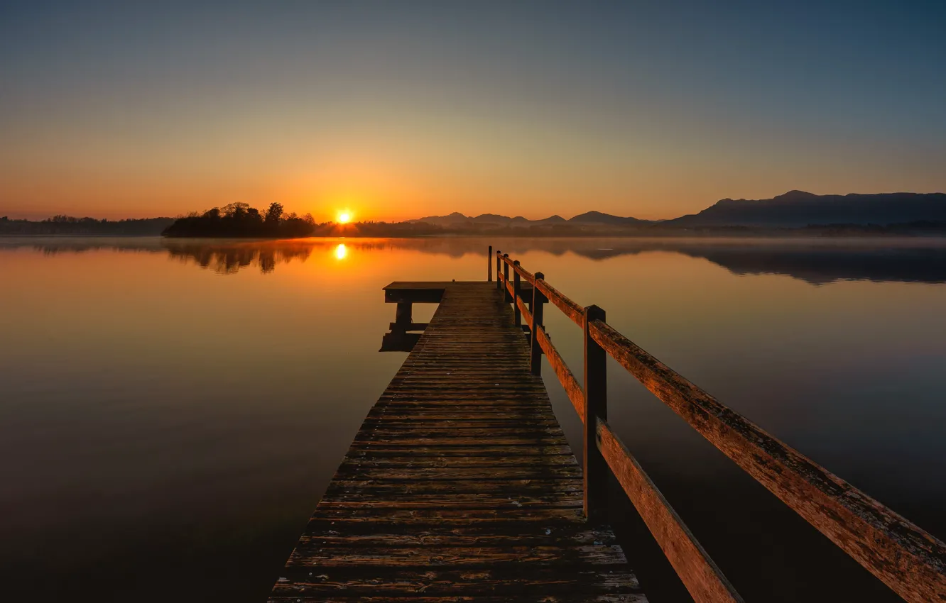 Photo wallpaper lake, sunrise, dawn, morning, Germany, Bayern, the bridge, Germany