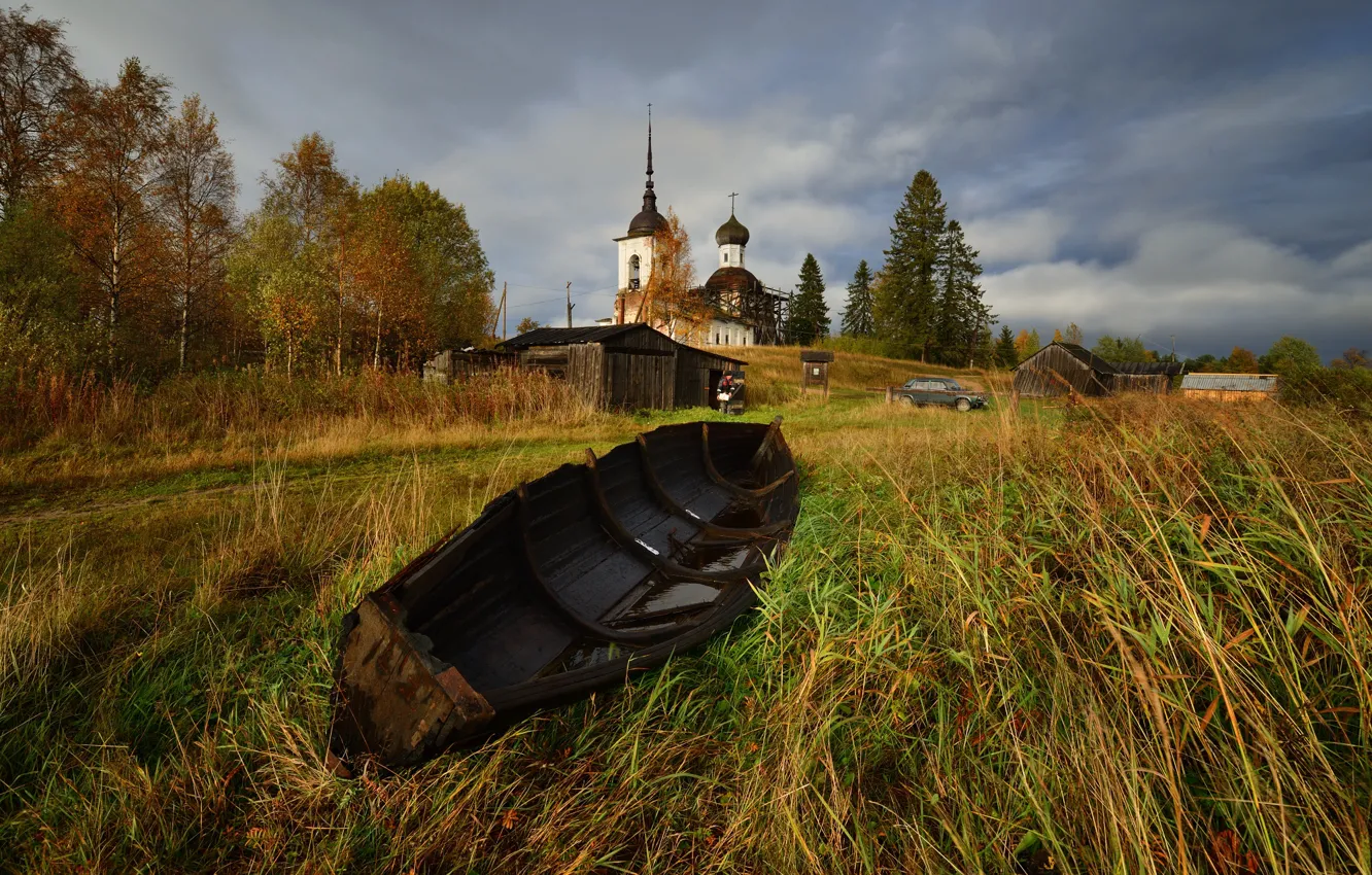 Photo wallpaper autumn, the sky, grass, boat, Church, temple, Russia