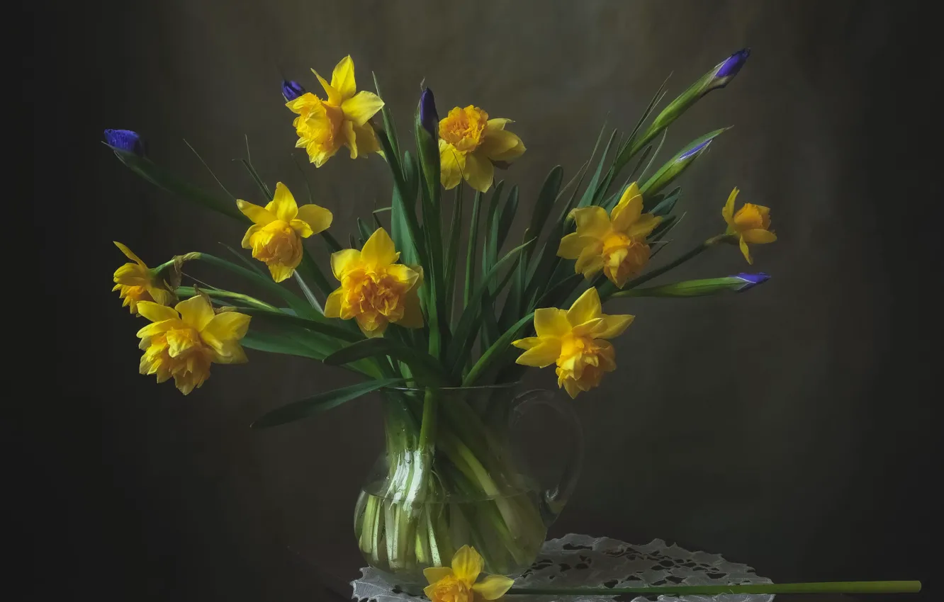 Photo wallpaper flowers, yellow, bouquet, spring, vase, still life, buds, lilac
