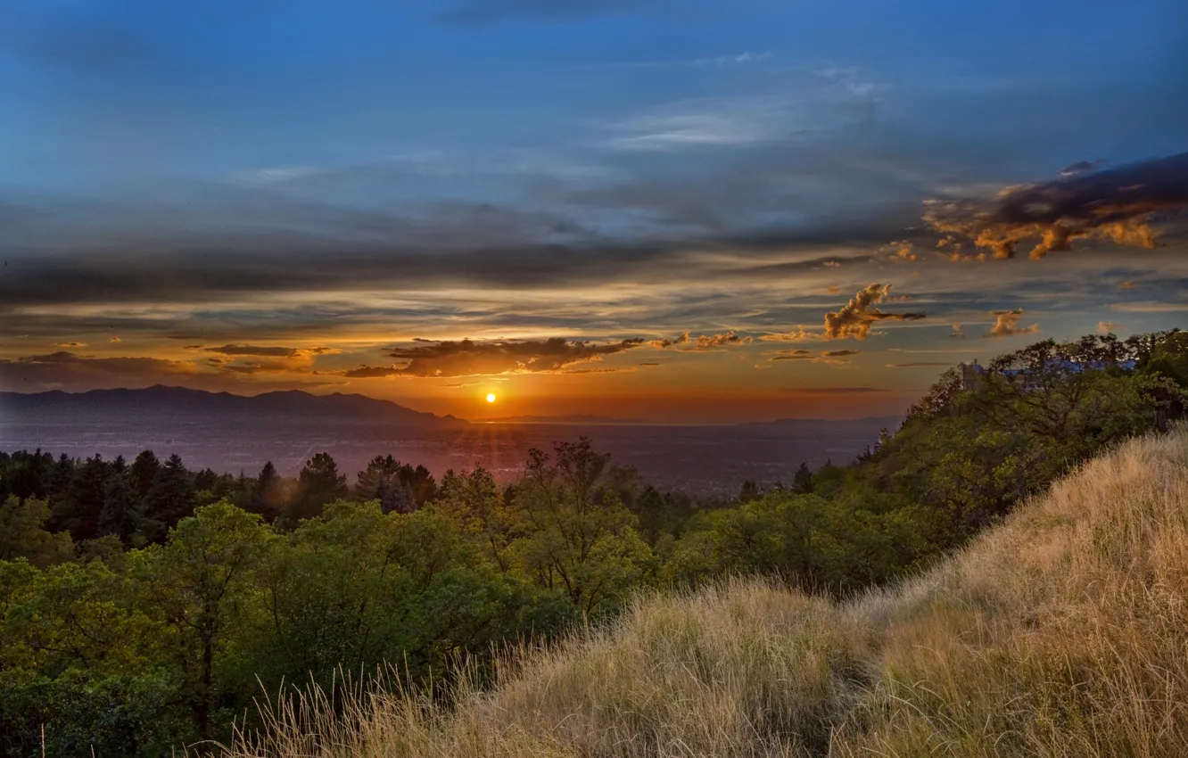 Photo wallpaper sunset, lake, panorama, Utah, Utah, Milkic, Millcreek Township, Mount Olympus Cove