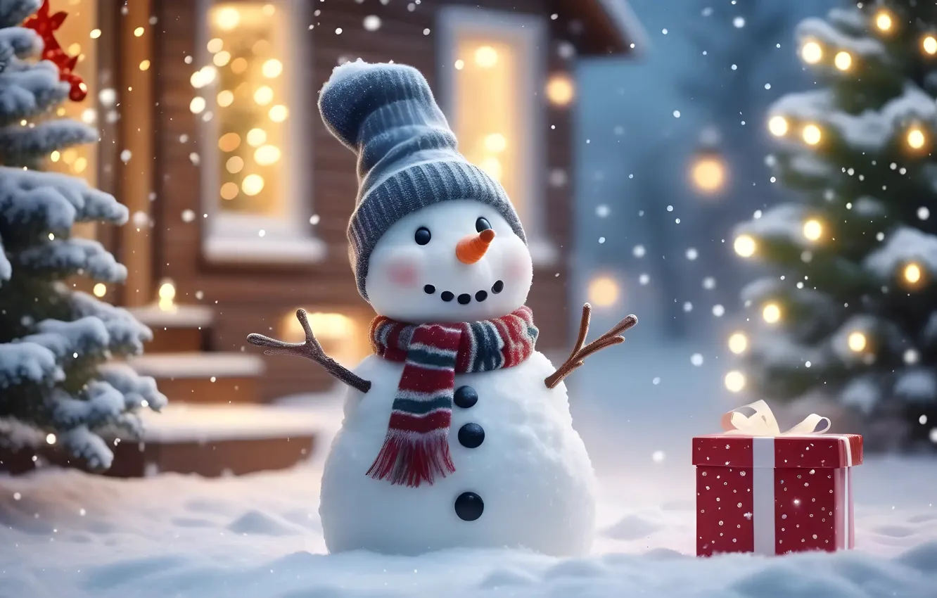 Photo wallpaper winter, snow, snowflakes, tree, new year, Christmas, snowman, Christmas
