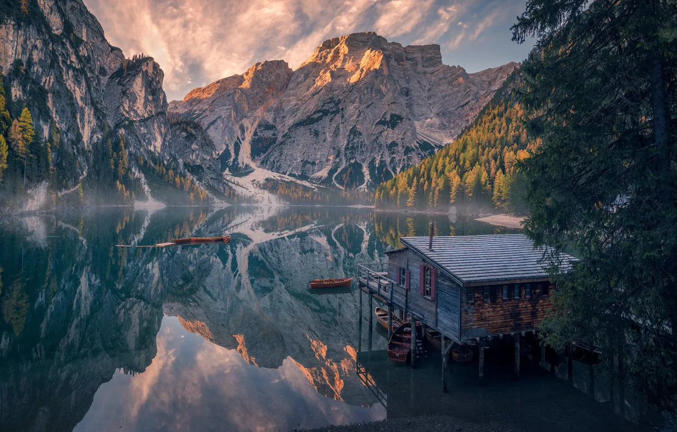 Photo wallpaper mountains, lake, shore, boat, Alps, fishing Lodge