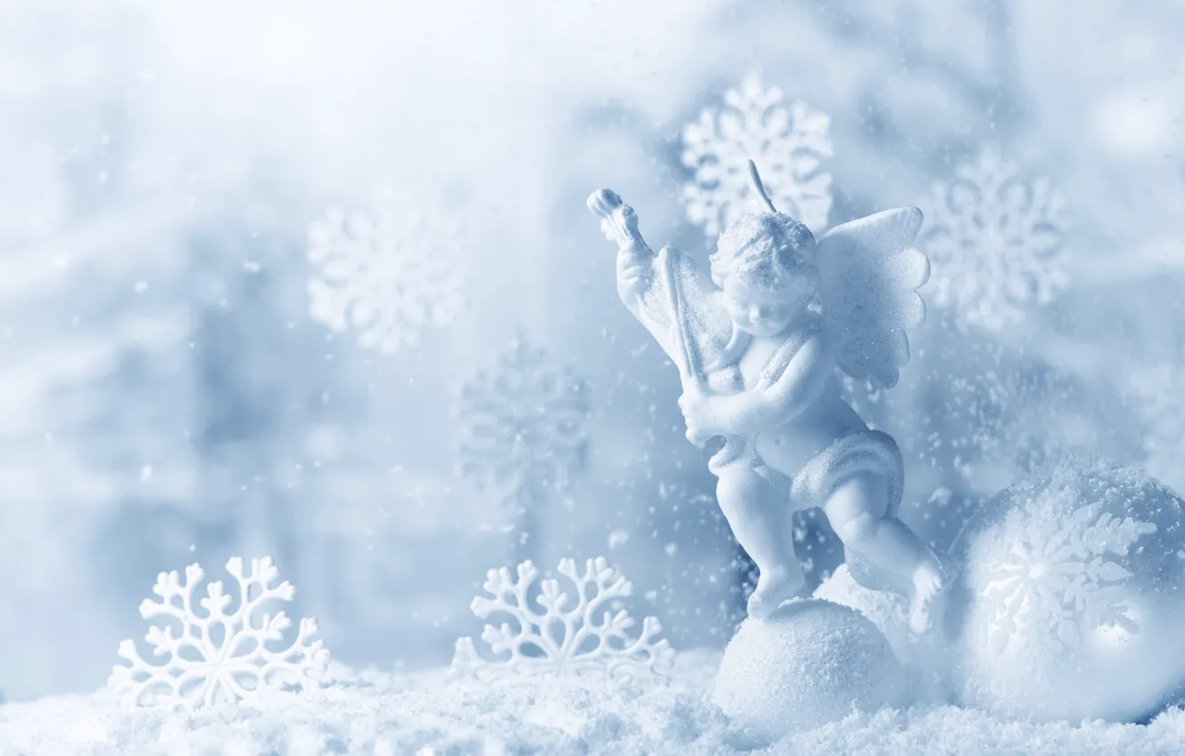 Photo wallpaper snow, snowflakes, ball, figure, angel, snowballs