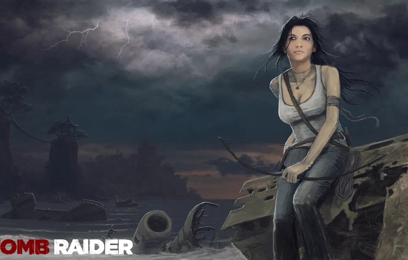 Photo wallpaper the storm, girl, clouds, Tomb Raider, sitting