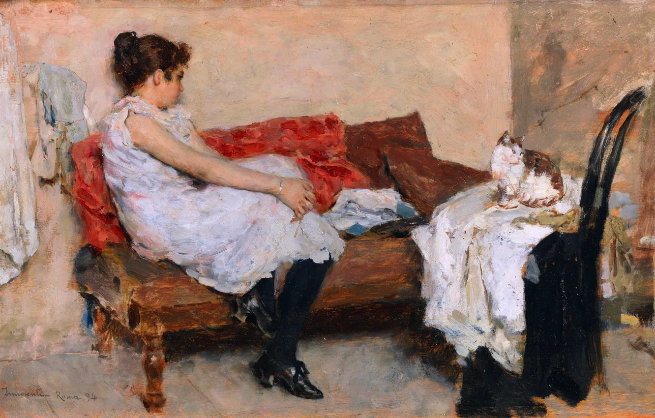 Photo wallpaper cat, girl, sofa, picture, contemplation, Italian painter, Camillo Innocenti, Camillo Innocenti