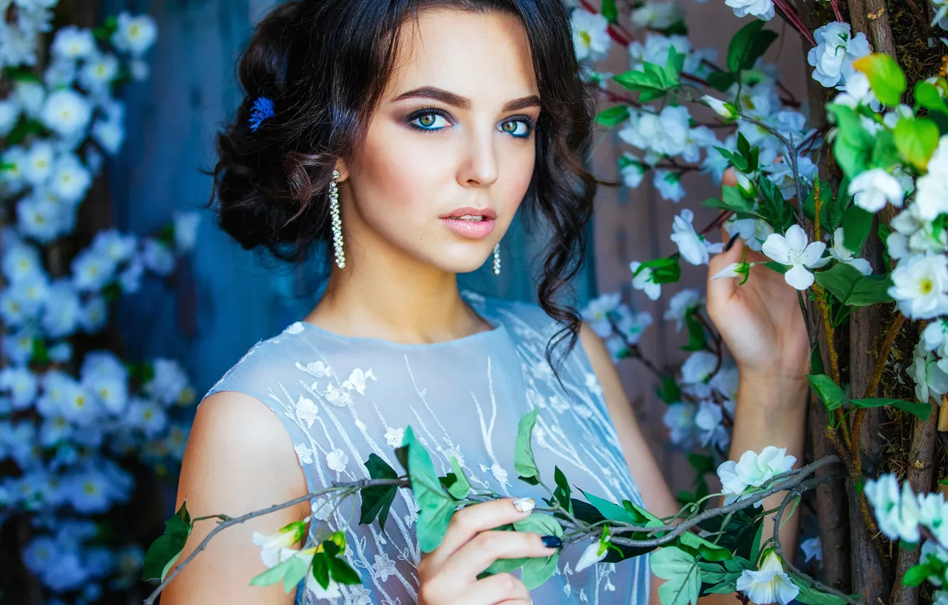 Photo wallpaper girl, flowers, makeup, dress, brunette, hairstyle, beauty