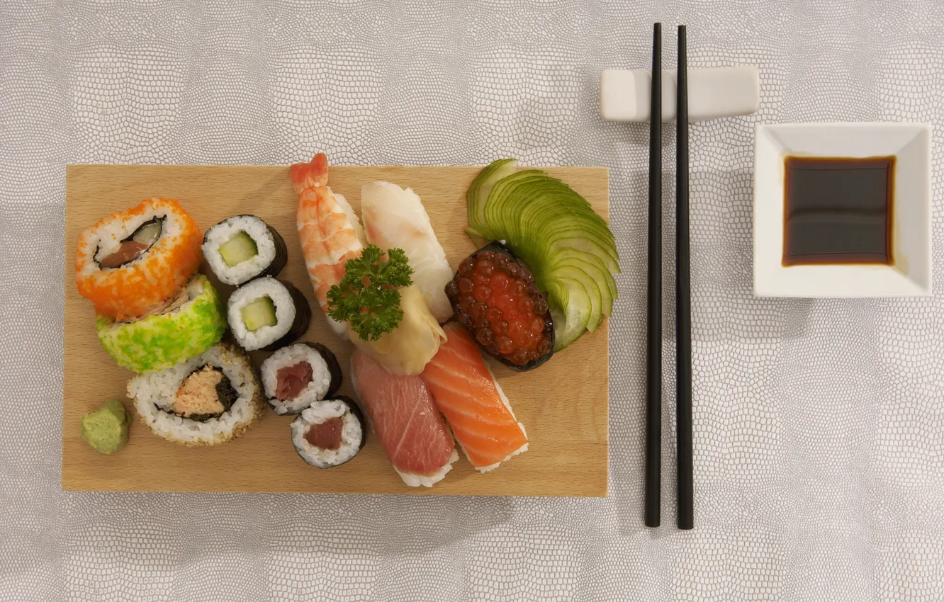 Photo wallpaper food, sticks, food, delicious, sushi, rolls, seafood, Japanese cuisine