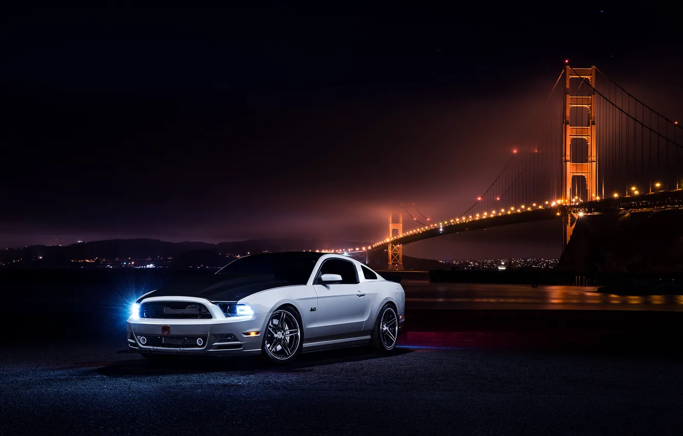 Photo wallpaper Mustang, Ford, Muscle, Car, Front, Bridge, White, Collection