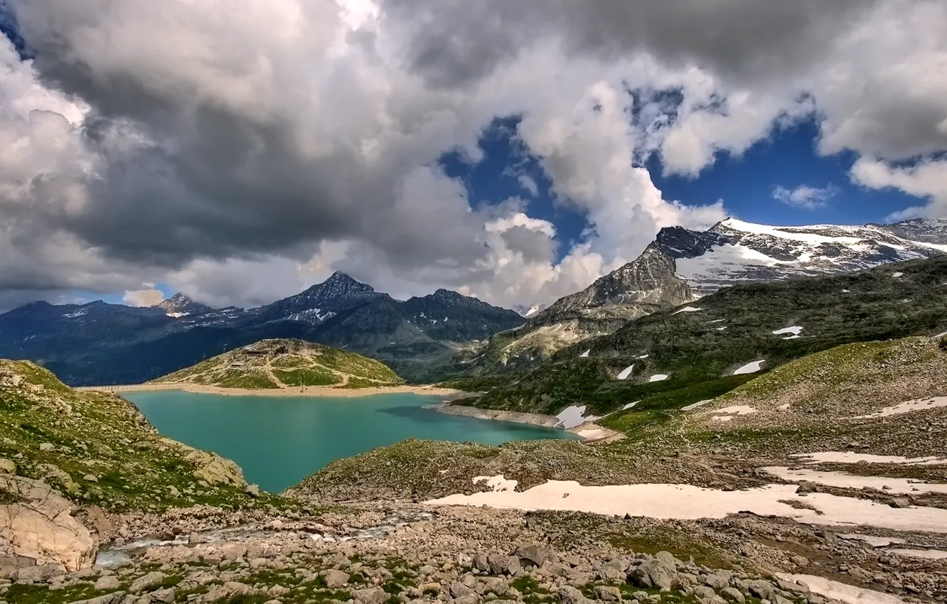 Photo wallpaper the sky, clouds, snow, mountains, lake