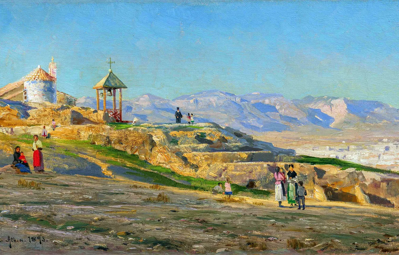 Photo wallpaper mountains, people, picture, Peder Mork Monsted, Danish painter, Peter Merk Of Menstad, Peder Mørk Mønsted, …