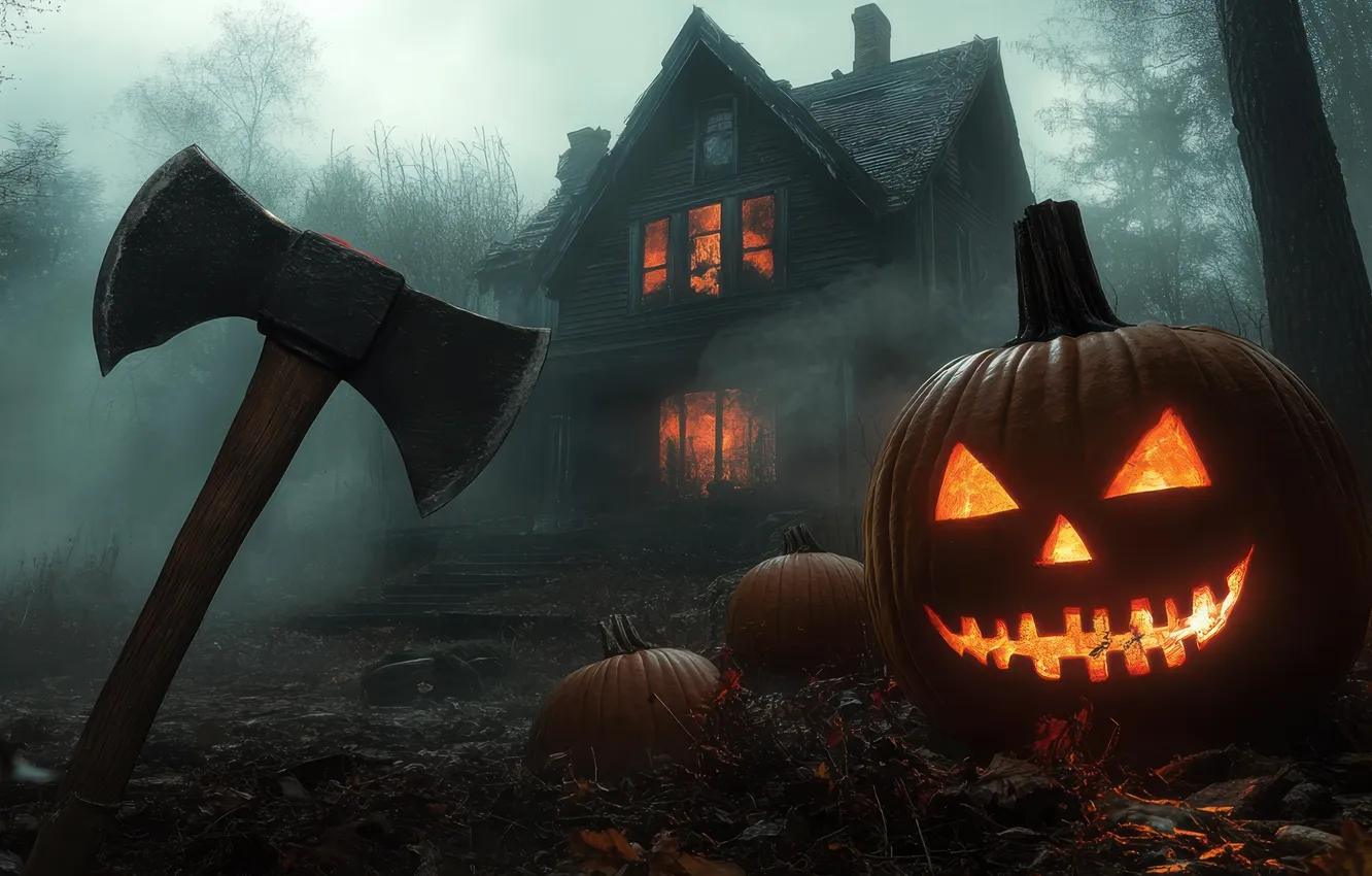 Photo wallpaper trees, lights, fog, home, Halloween, pumpkin, axe, Halloween