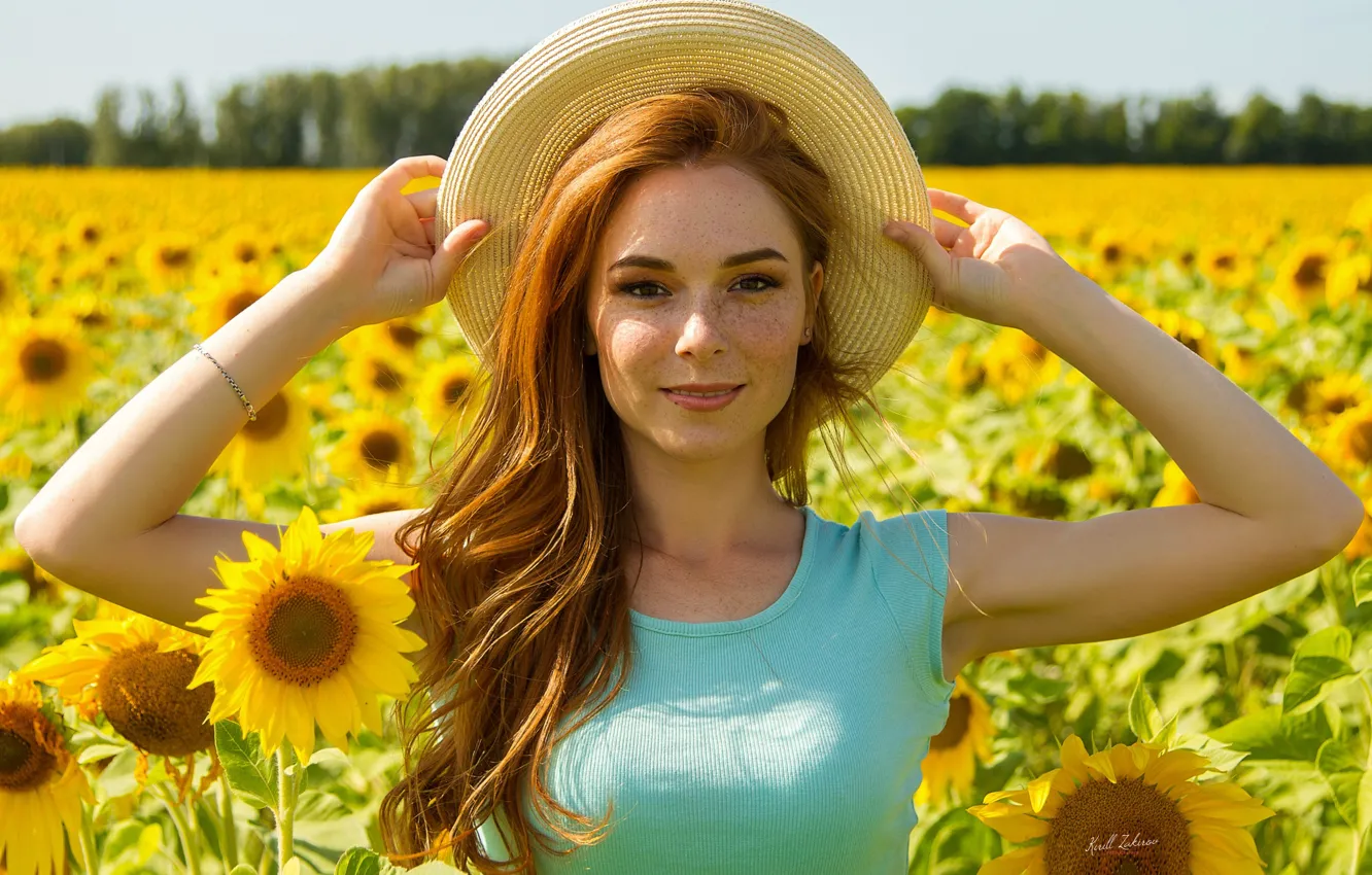 Photo wallpaper field, summer, look, girl, sunflowers, face, mood, hair