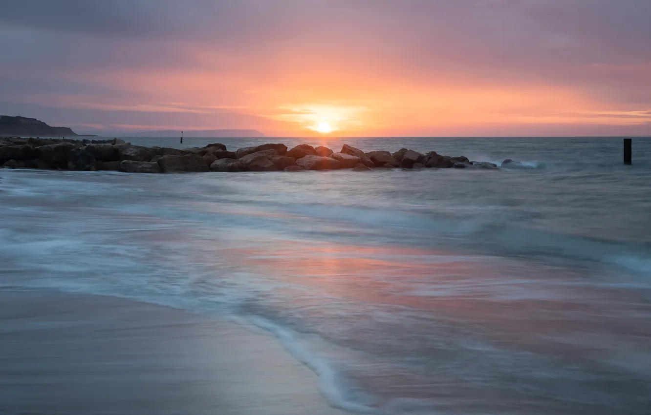 Photo wallpaper sea, beach, the sun, stones, dawn, shore