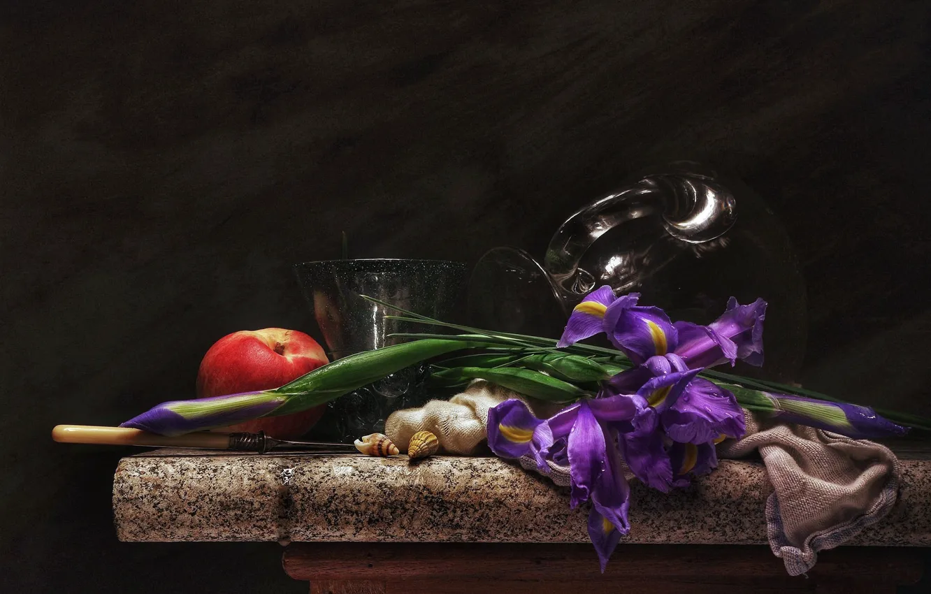 Photo wallpaper knife, shell, still life, nectarine, iris