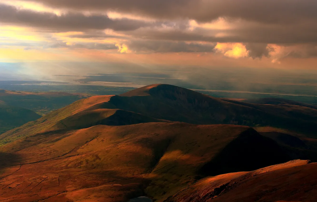 Photo wallpaper the sky, clouds, rays, light, landscape, mountains, orange, nature