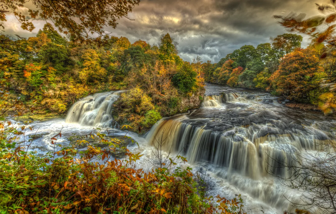 Photo wallpaper autumn, the sky, trees, landscape, mountains, clouds, river, stream