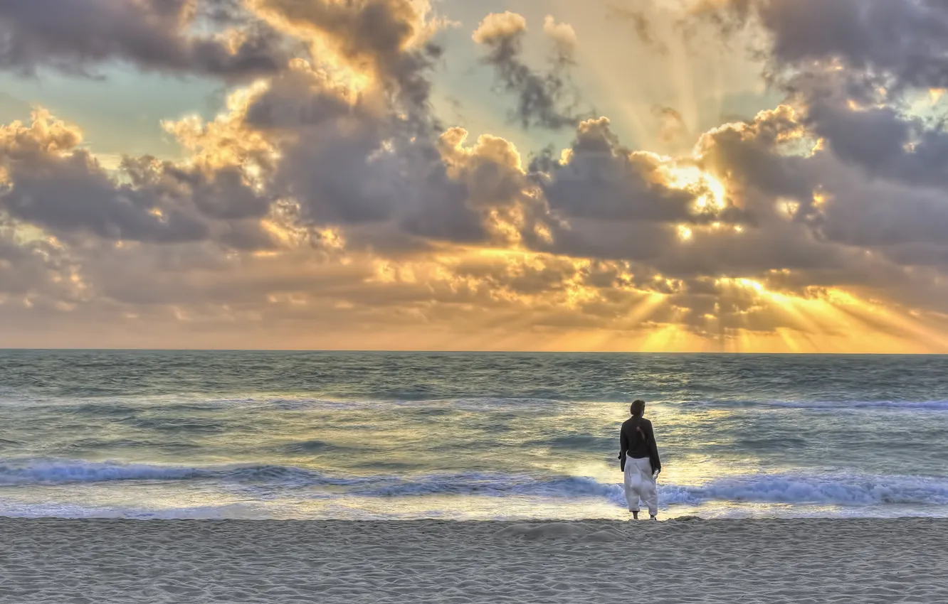 Photo wallpaper beach, girl, overcast, the ocean