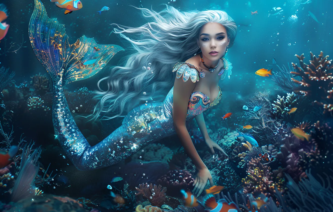 Photo wallpaper girl, hair, mermaid, fish, corals, tail, underwater world, digital art