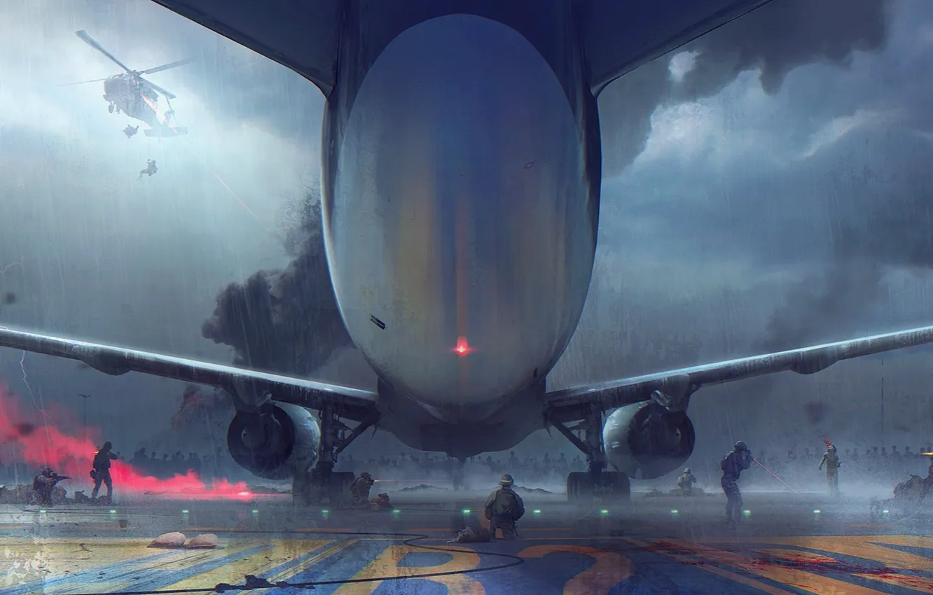 Photo wallpaper The plane, Rain, Clouds, Battle, Wings, Soldiers, Soldiers, Zombie