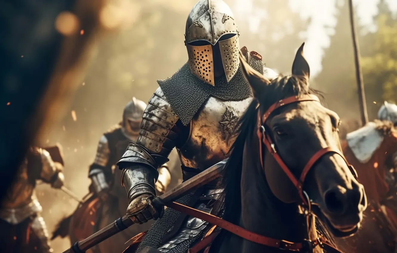 Photo wallpaper horse, armor, helmet, knight, the middle ages, digital art, AI art, The Art of Artificial …